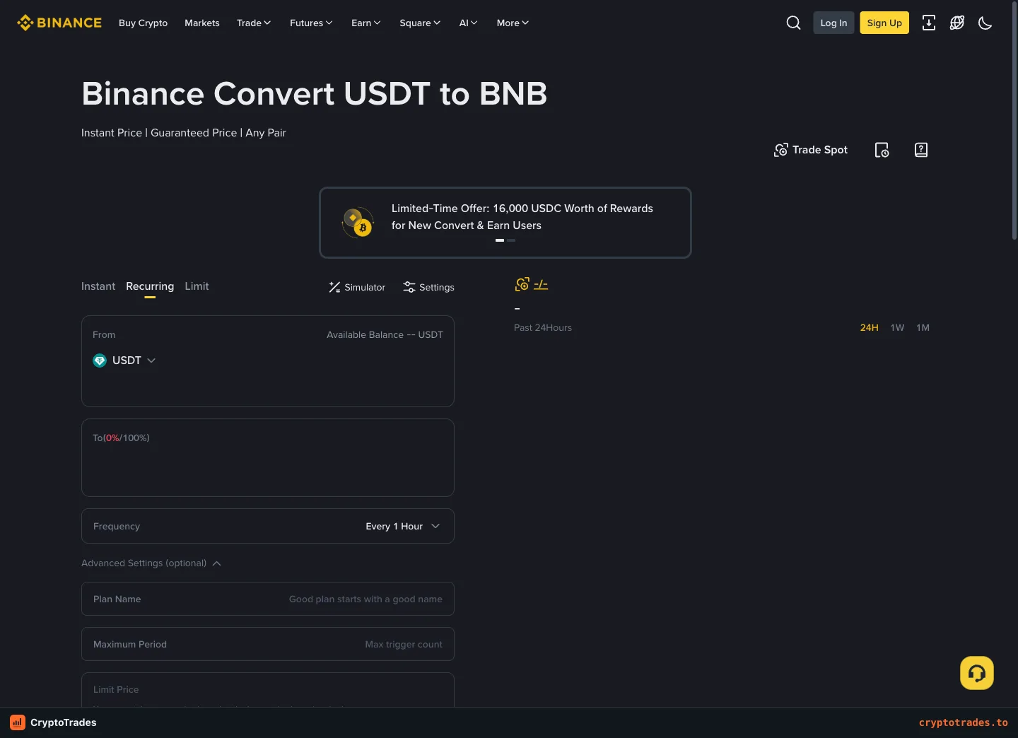 Binance recurring Convert screen with frequency and maximum price