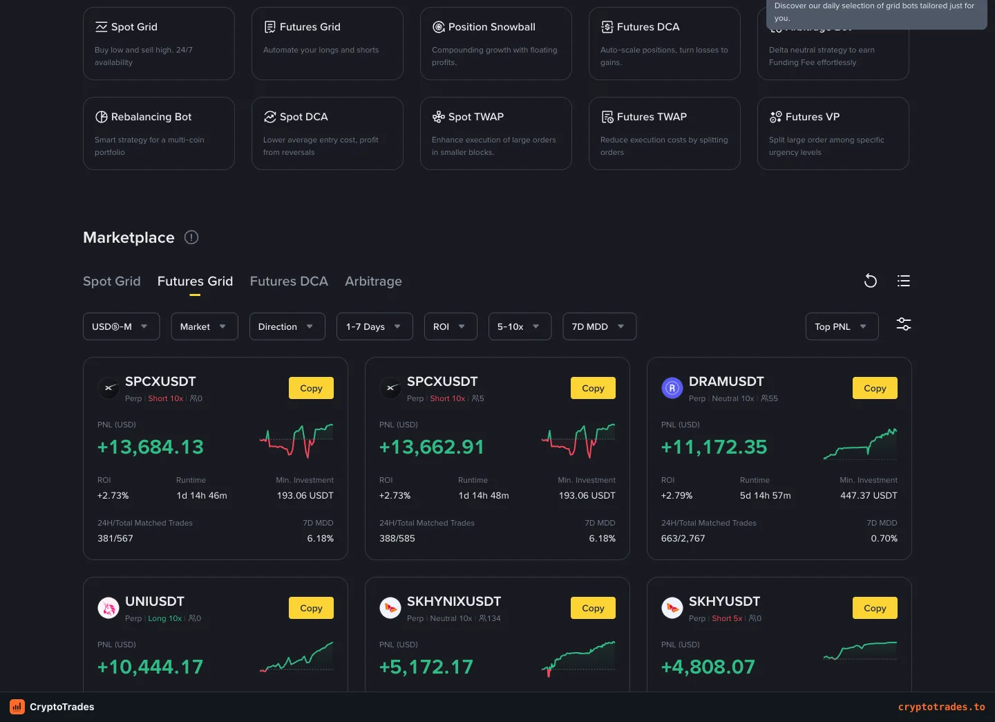 Binance bot marketplace with ROI runtime trades minimum and drawdown