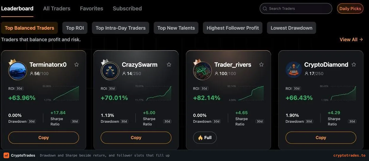 Bybit copy trading leaderboard with follower counts and drawdown filters