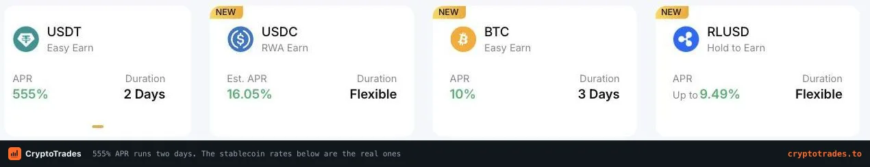 Bybit Earn page showing a 555 percent APR product beside lower stablecoin rates