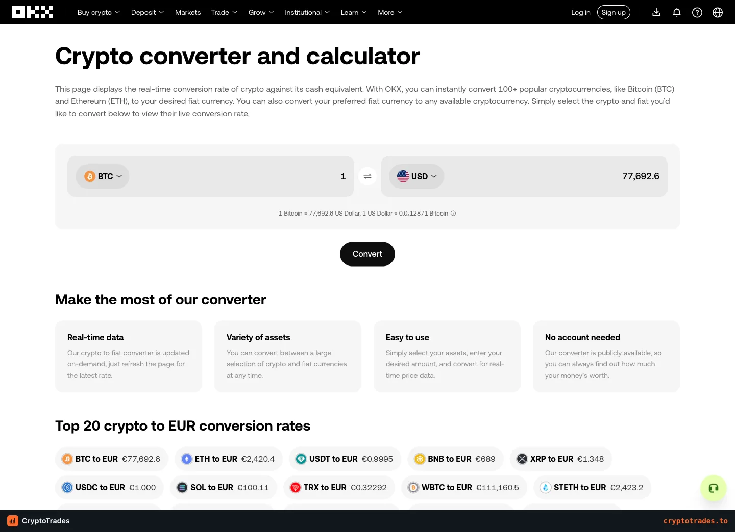 OKX crypto converter with BTC and currency quote