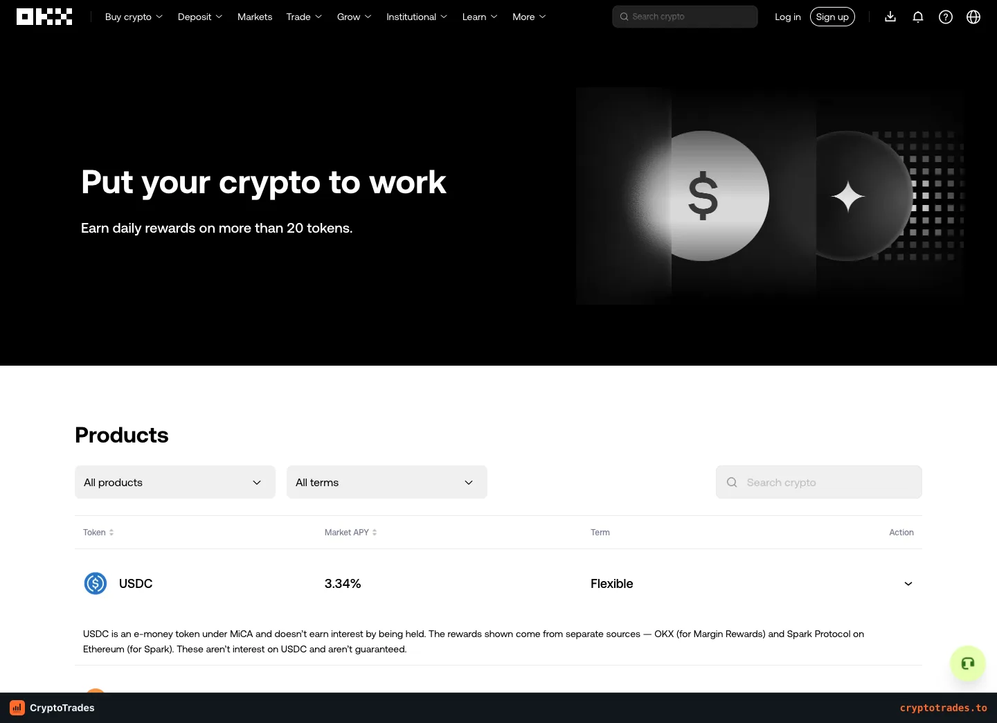 OKX Europe Earn page hero and products