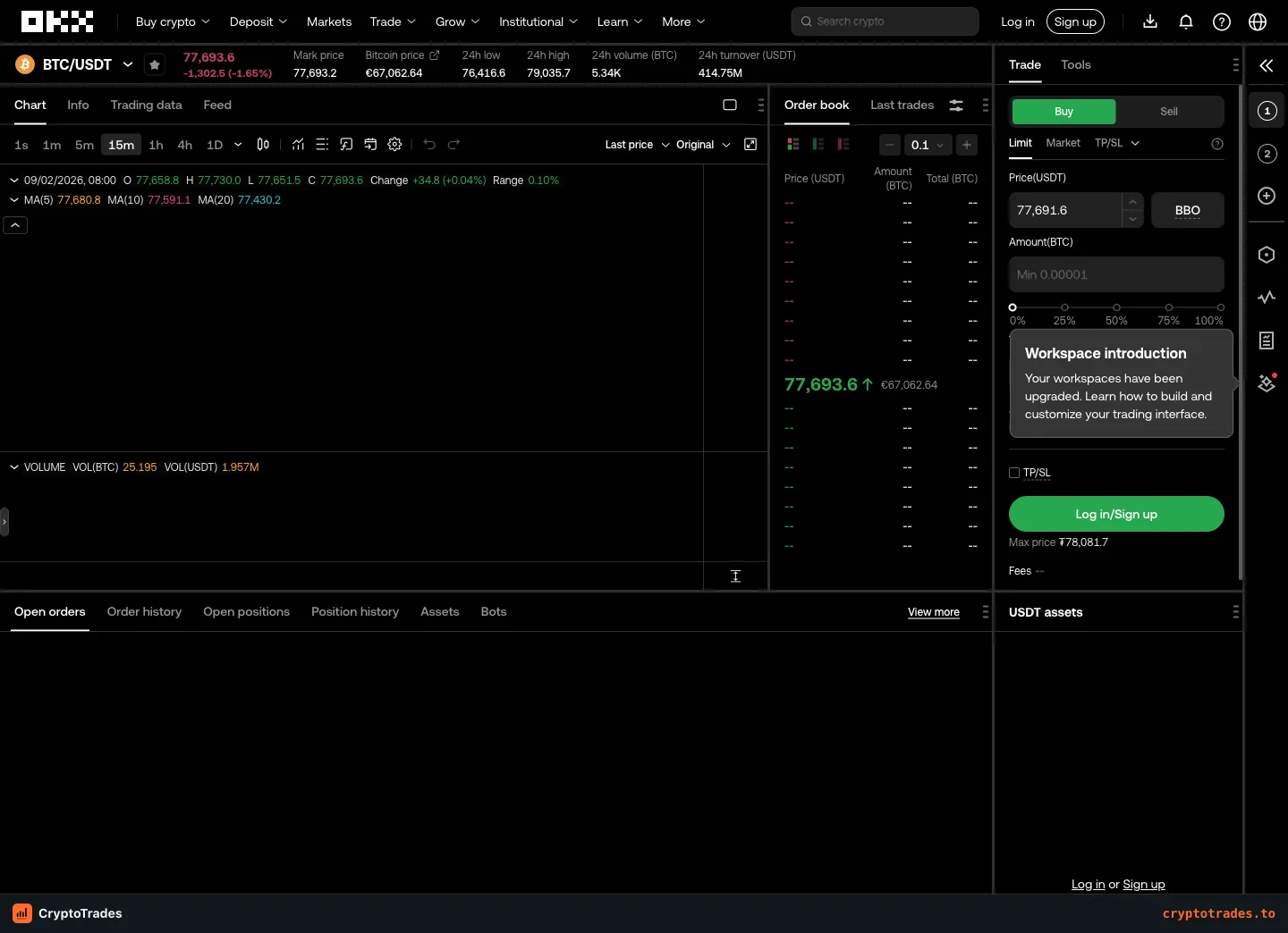 OKX BTC spot workspace with chart order book trades and ticket