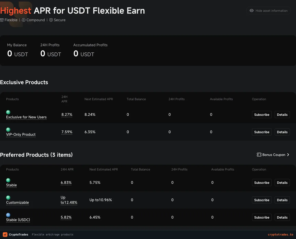 Pionex USDT flexible arbitrage products with current and estimated APR