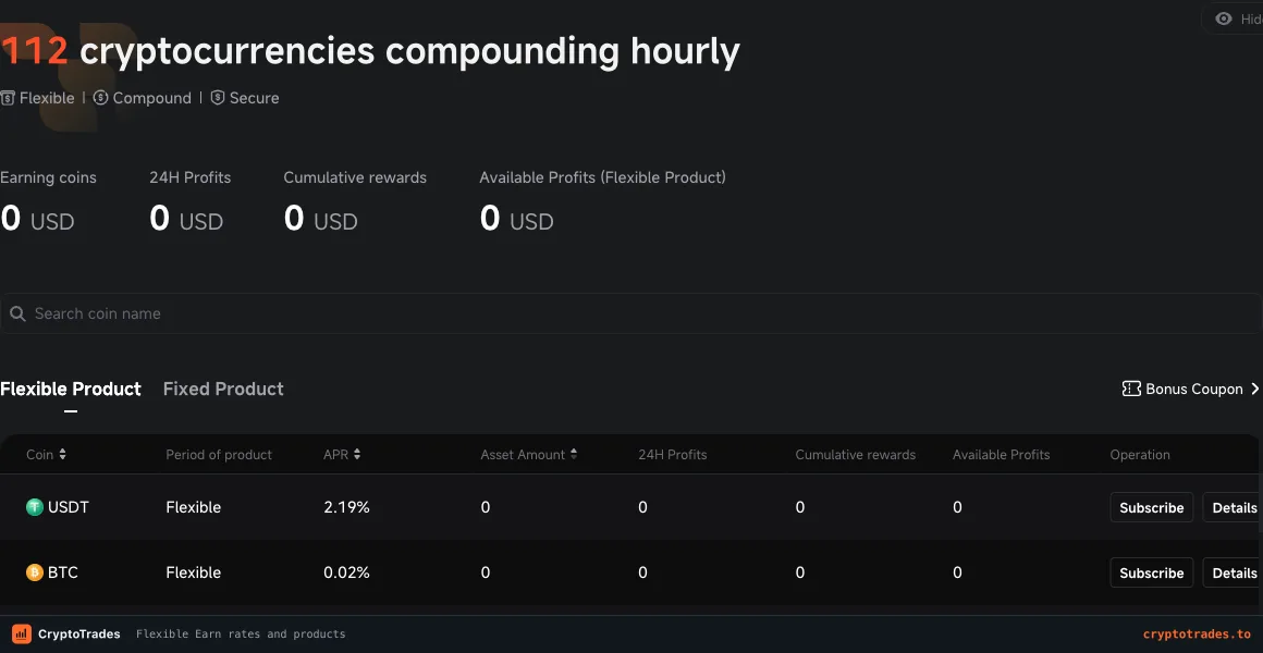 Pionex Flexible Earn products with APR and hourly compounding claim