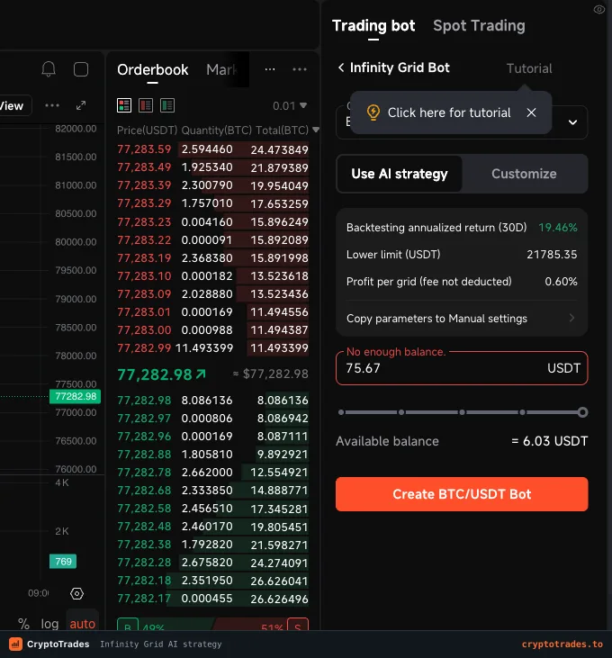 Pionex Infinity Grid AI strategy with lower limit and profit per grid
