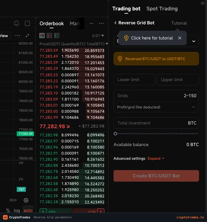 Pionex Reverse Grid builder using BTC investment and reversed pair accounting