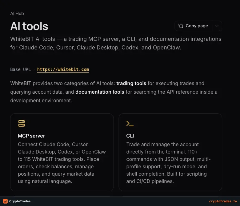 WhiteBIT AI tools documentation showing its MCP server and command line interface