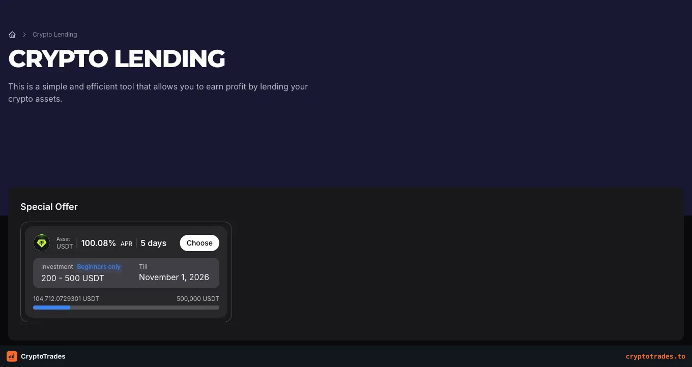 WhiteBIT crypto lending page showing a 100.08 percent APR five-day beginner offer