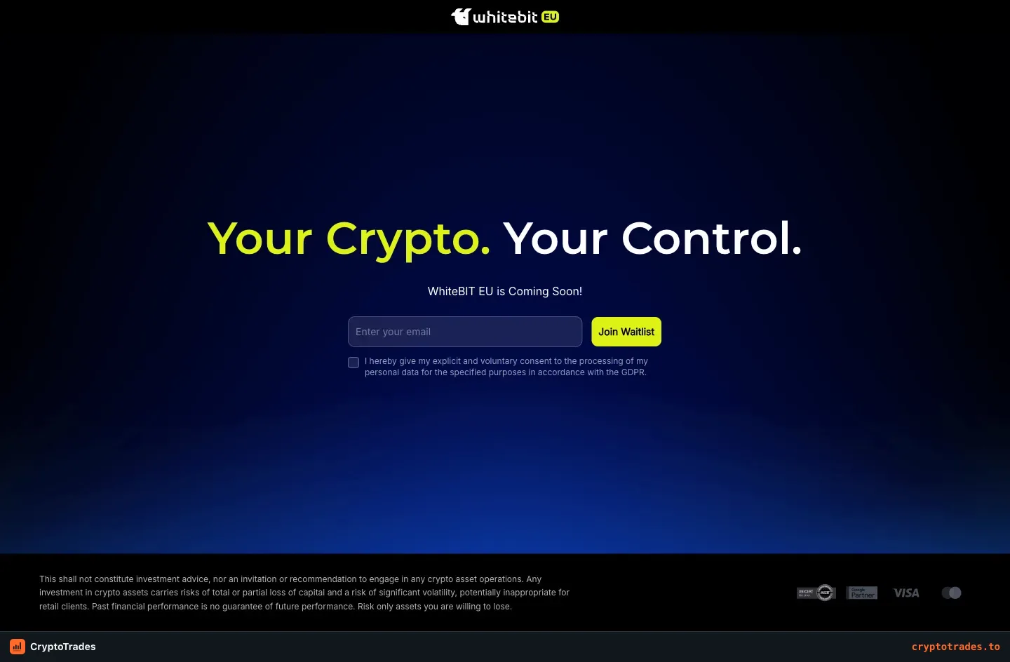 WhiteBIT EU coming soon page with a waitlist form