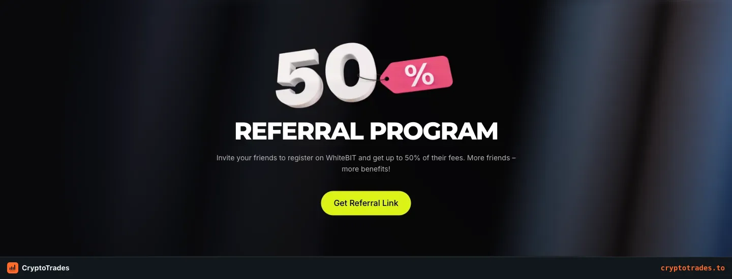 WhiteBIT referral programme page advertising up to 50 percent of referred trading fees