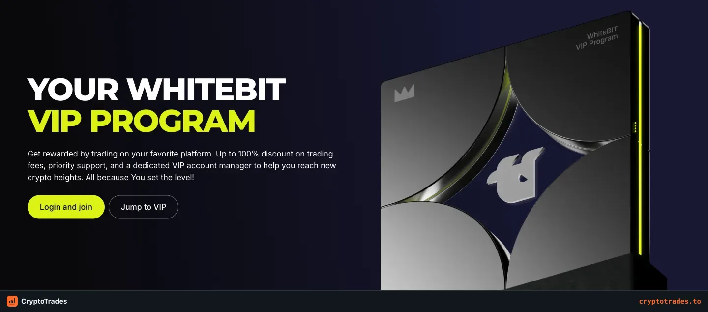 WhiteBIT VIP programme page advertising fee discounts and account benefits